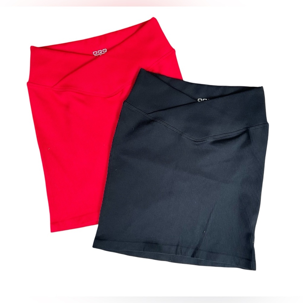 OQQ 2-Piece Ribbed High Waist Crossover Mini Skirts